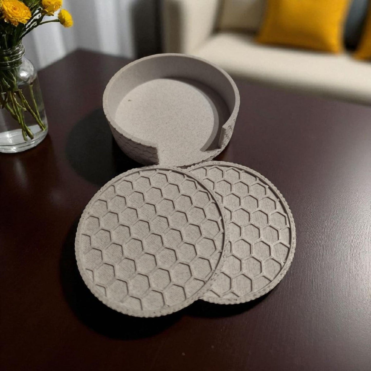 Honeycomb Coaster Set – 4 Modern Coasters with Matching Holder