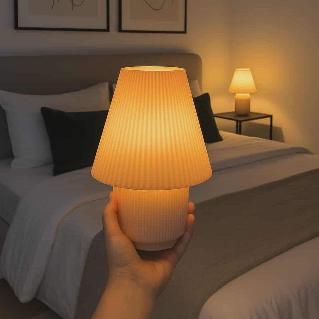 Cordless modern pleated lamp emitting soft warm glow, portable and wireless for cozy indoor ambiance