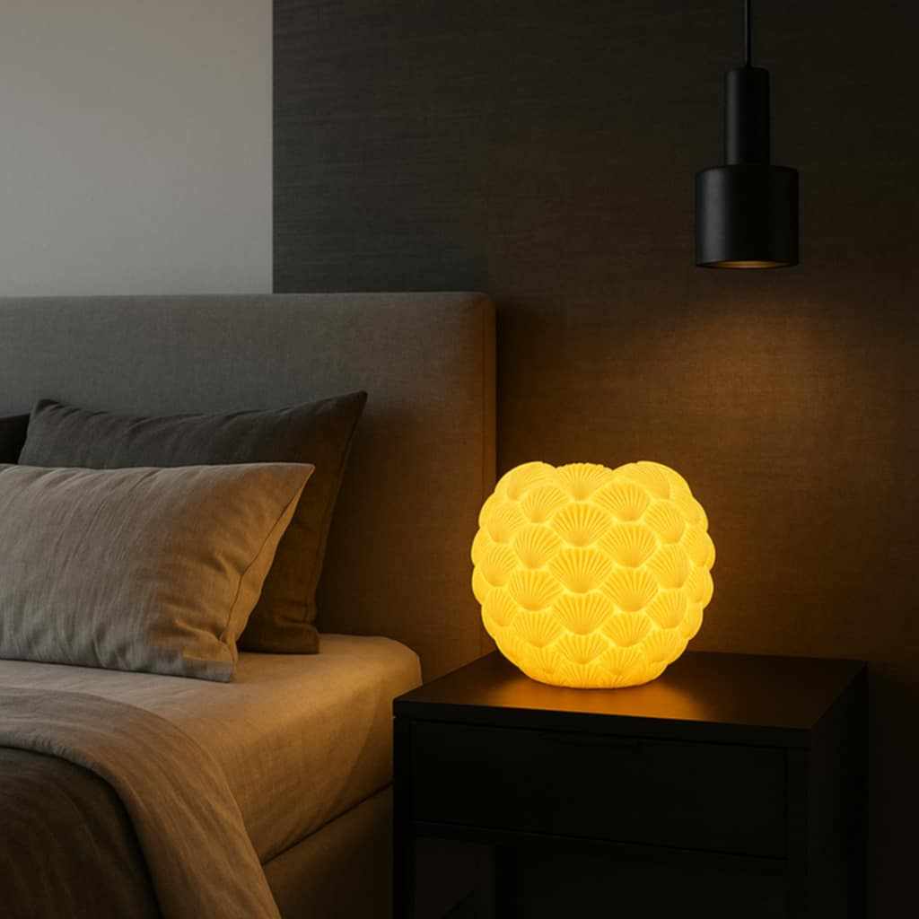 Sinister Select Shell Lamp eco-friendly 3D-printed LED table lamp with modern coastal design and warm ambient light