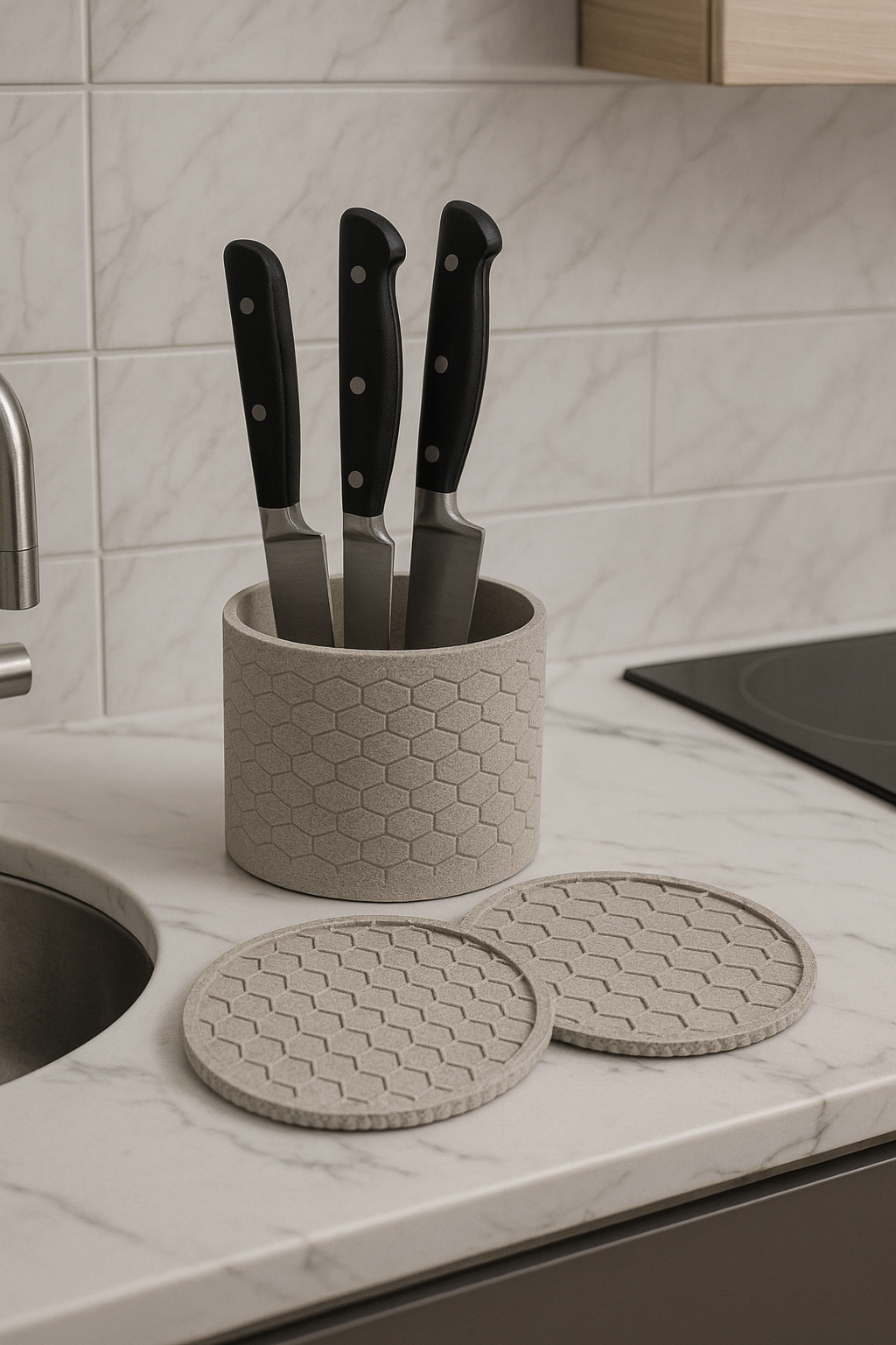 Honeycomb Coaster Set – 4 Modern Coasters with Matching Holder