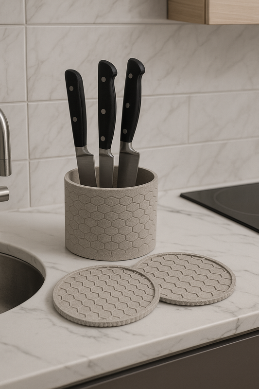 Honeycomb Coaster Set – 4 Modern Coasters with Matching Holder